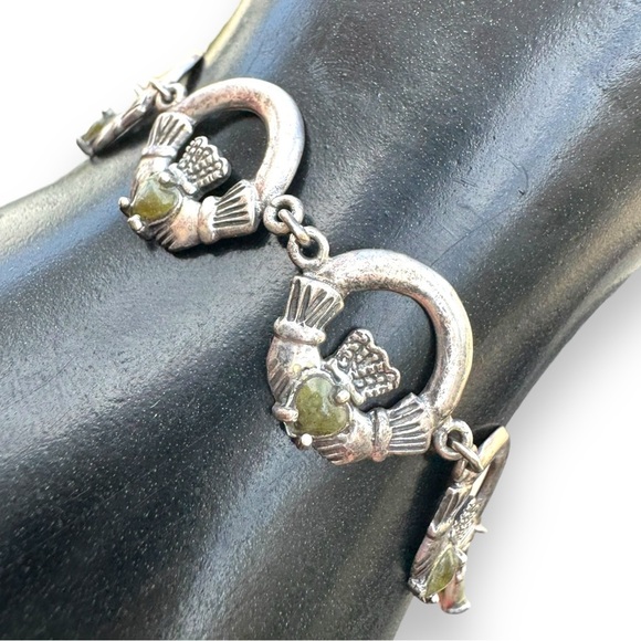 Connemara Marble Stone Set Solid Sterling Silver Claddagh Bracelet - Picture 1 of 6